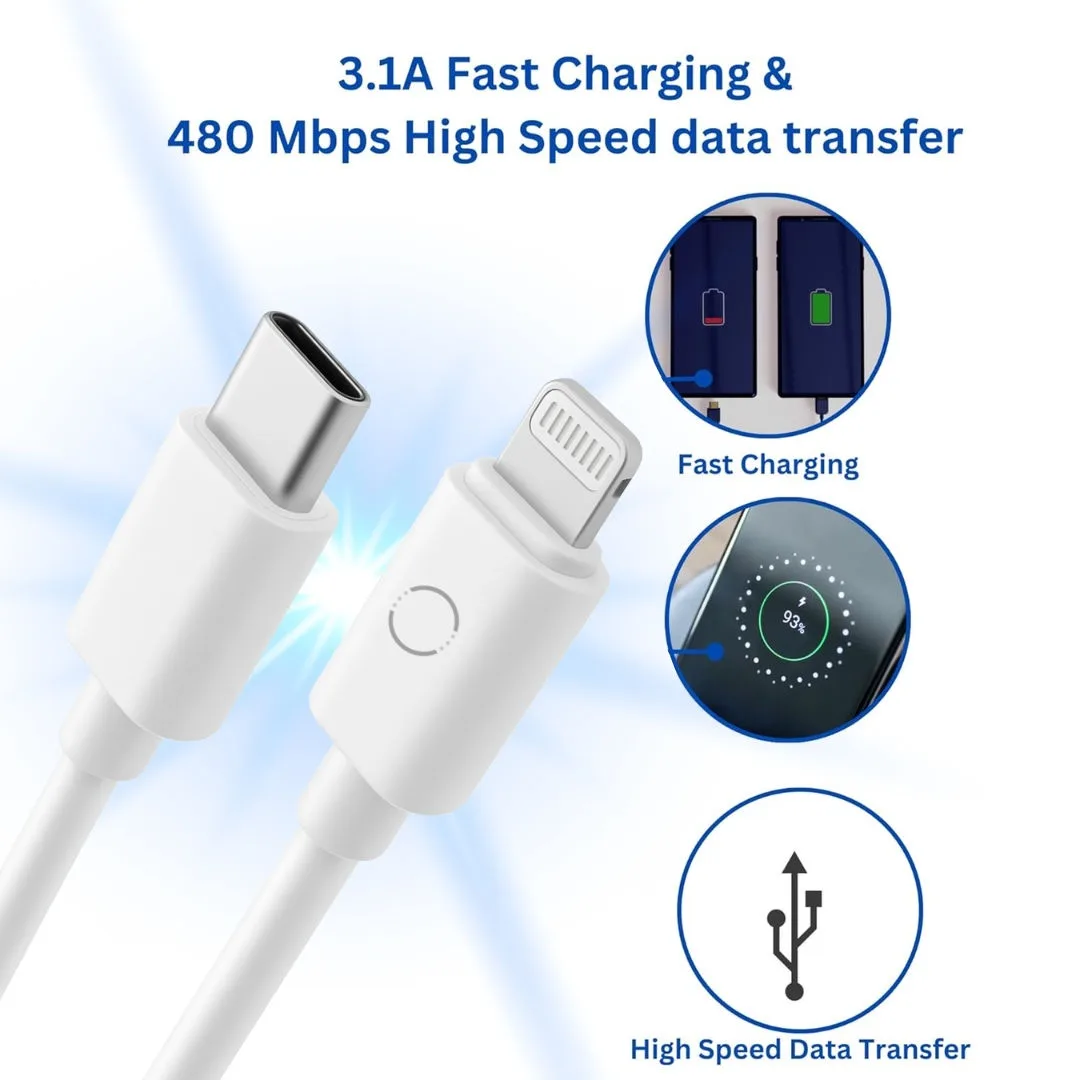 twance TL20W PVC - Type C to Lightning, fast charging and data transfer Cable, 1 Meter Length, White color view 3