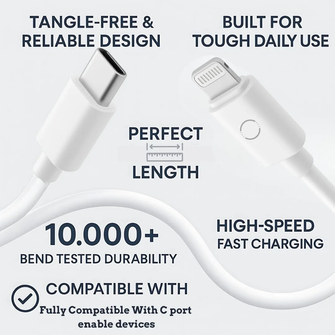 twance TL20W PVC - Type C to Lightning, fast charging and data transfer Cable, 1 Meter Length, White color view 5